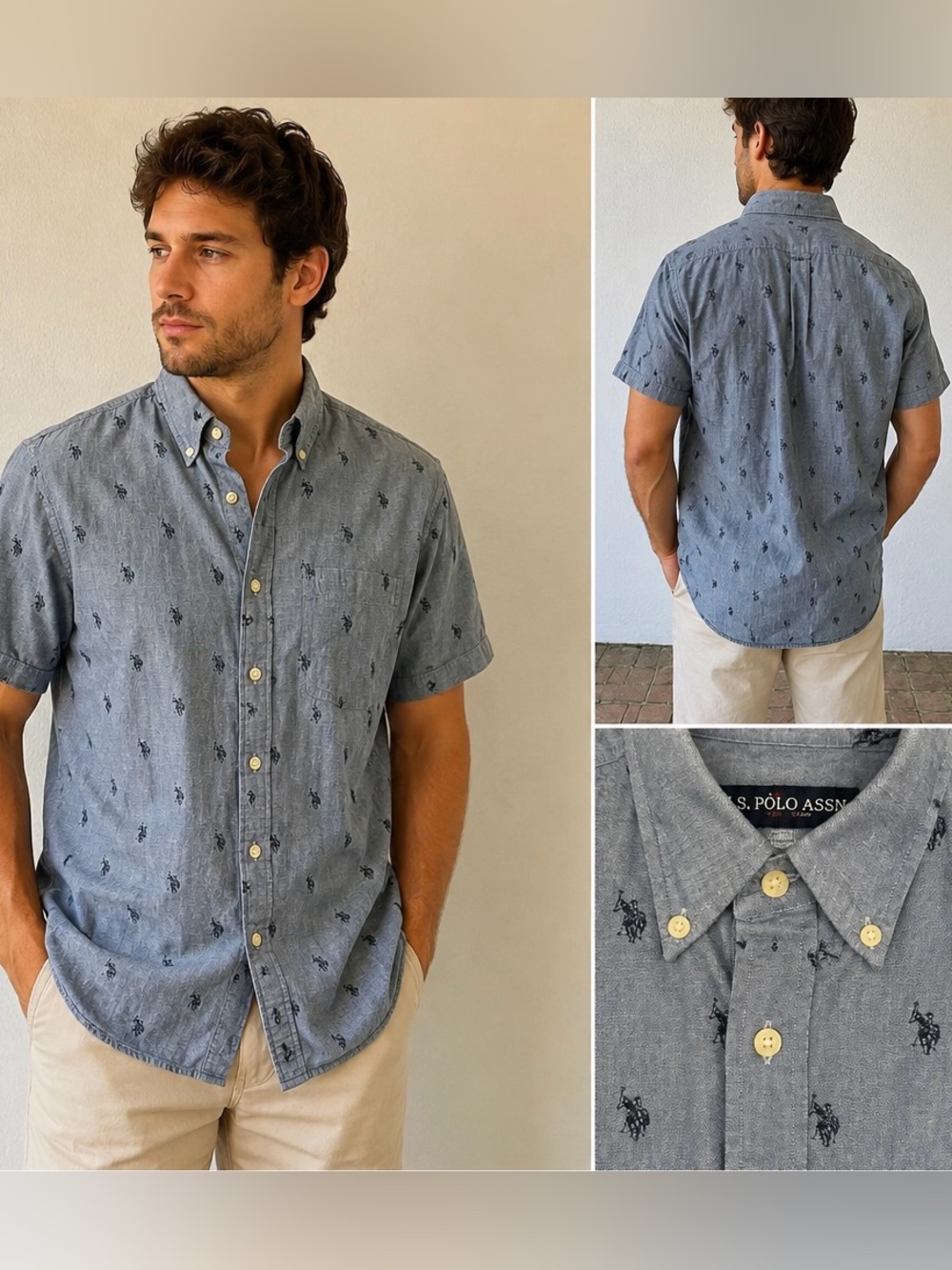 U.S. Polo Assn. 100% Cotton Short-Sleeve Chambray Shirt Horse Logo Men’s Size L